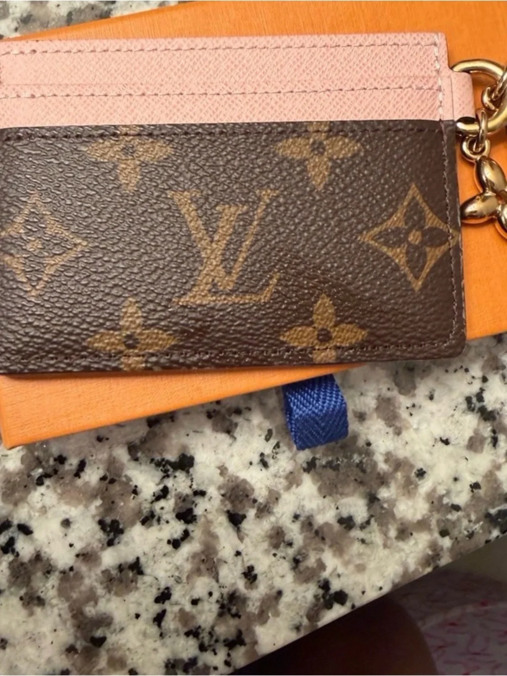 Louis Vuitton Brown Monogram Card Holder with Pink Trim and Gold Charm